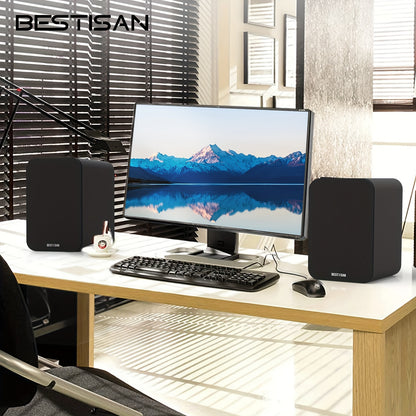 Bestisan SR04 Powered Bookshelf Speakers  BT Woofer Horn Tweeter OpticalRCACoax Inputs for Record Player and TV