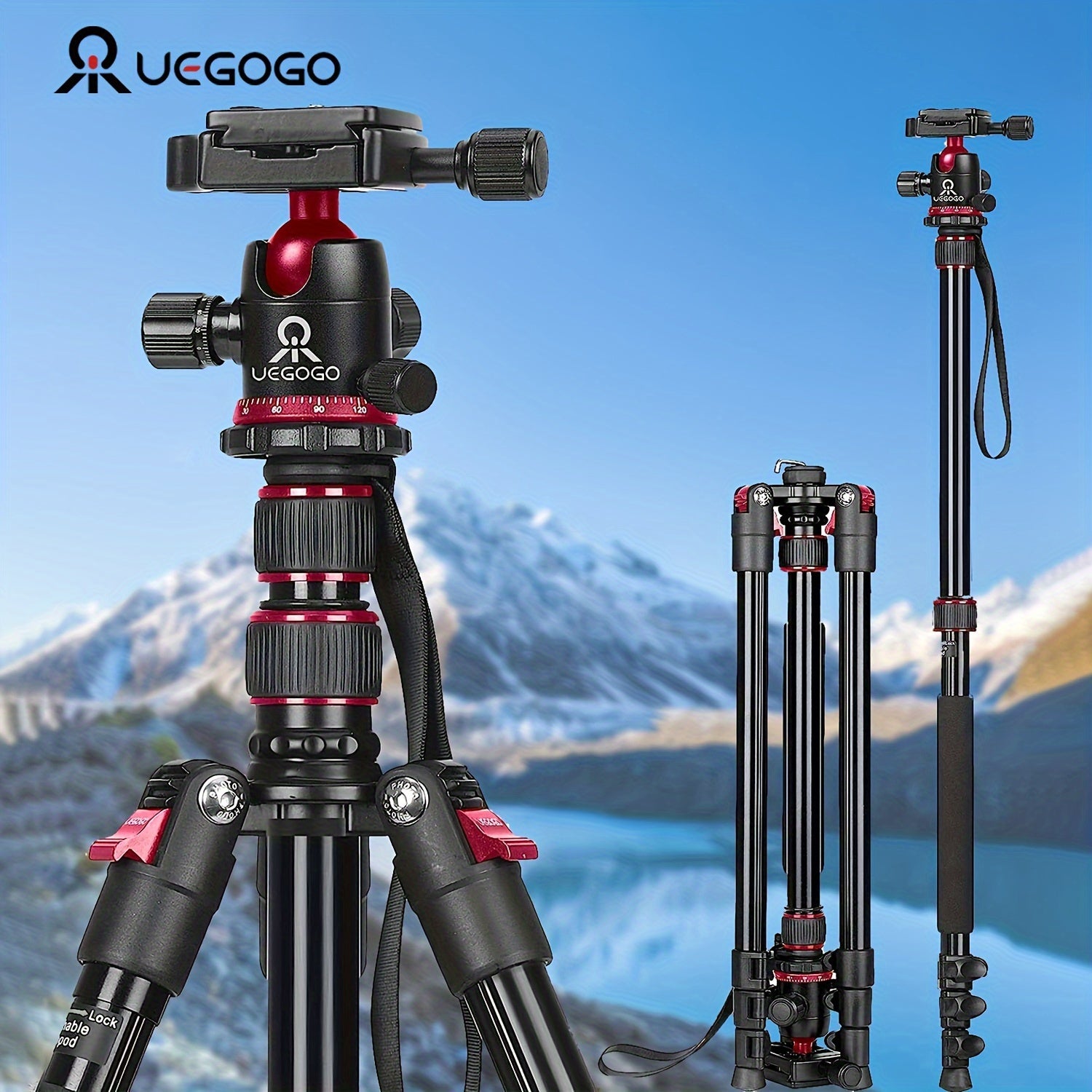 UEGOGO 77 Camera Tripod Foldable Lightweight Aluminum Tripod  Monopod with 360 Degree Ball Head Load Capacity 8kg176lbs for DSLR Cameras Canon Nikon Binoculars Laser Telescope  Red 