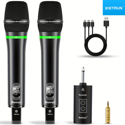 Bietrun Rechargeable Wireless Microphone Dual Metal Cordless Handheld Dynamic Wireless Mics with 14 Output for Karaoke Meeting Singing Church Wedding UHF 240ft Range